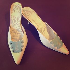 Christian Audigier blue and white low heel mules